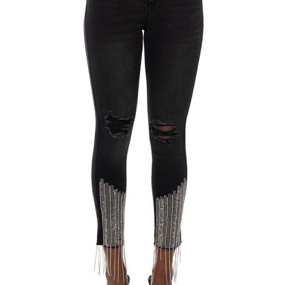 Akira NWT Black Wash Rhinestone Fringe Distressed High Rise Jeans Women’s Size 9 - Picture 8 of 8